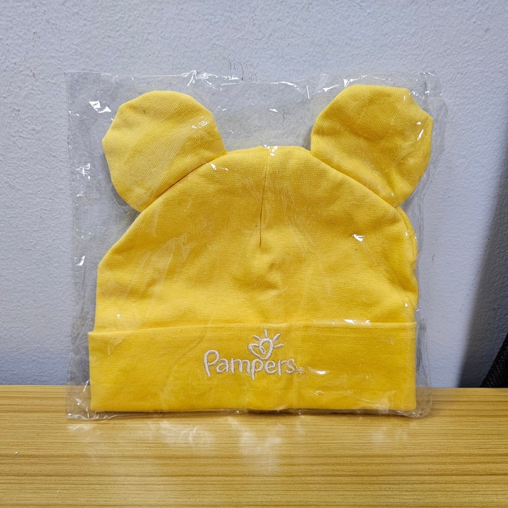 Pampers Infant Caps Hats Beanies With Ears Packaged Individually yellow NWOT